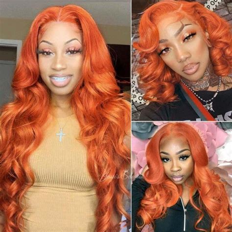 Orange Color Natural Brazilian Human Hair Lace Front Wigs Pre Plucked
