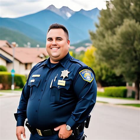 premium ai image fat police officer with dark navy blue uniform standing in the neighborhood