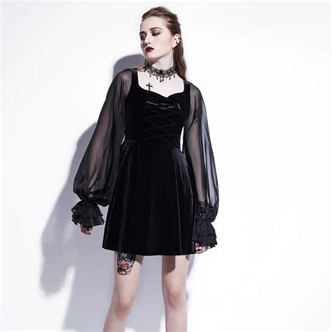 Gothic Mini Dress Black Mesh Women Patchwork Witch Lantern Sleeve High