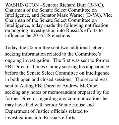 Rebecca Berg On Twitter The Senate Intel Committee Has Now Invited Comey To Testify In Both