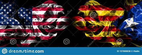 Catalonia Vs United States Of America American Smoke Flags Placed Side