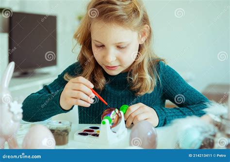 Cute Little Blonde Girl Painting Easter Eggs Stock Image Image Of
