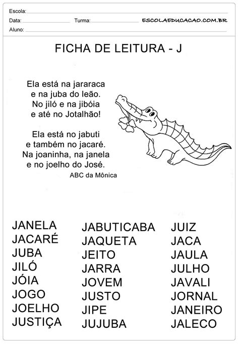 Ficha De Leitura Letra J Jacaré Escola Educação