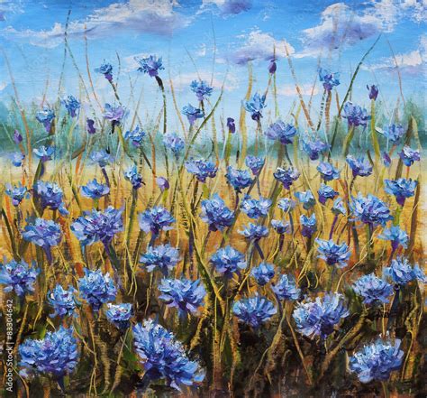 Fototapeta Pole Kwiatów Niebieskie Kwiaty Na łące Niebieskie Niebo