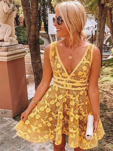 V Neck Short Yellow Lace Prom Dresses Short Yellow Lace Formal