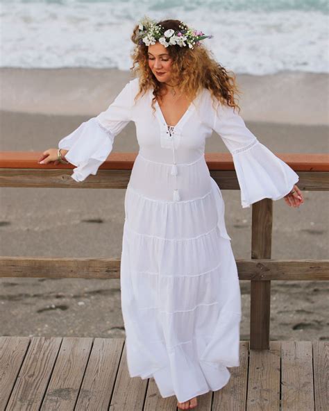 Long Boho Beach Sundress Billowing Breeze White