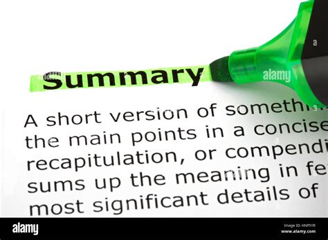 Dictionary Definition Of The Word Summary Highlighted With Green Stock