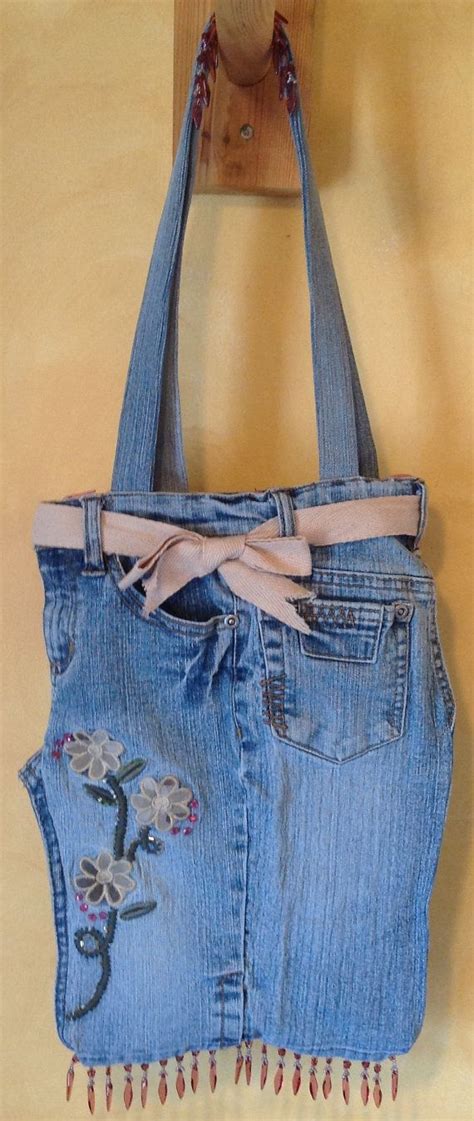 Recycled Blue Jean Purse With Applique Embroidery And Beads Blue