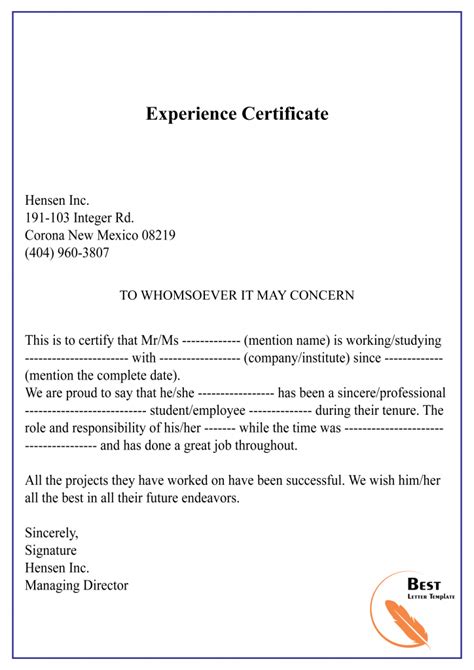 Experience Certificate Sample Pdf