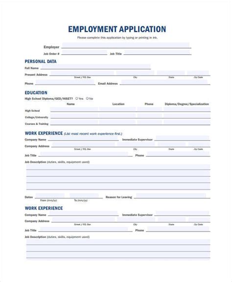 Generic Employment Application Template 8 Free Pdf Documents Download