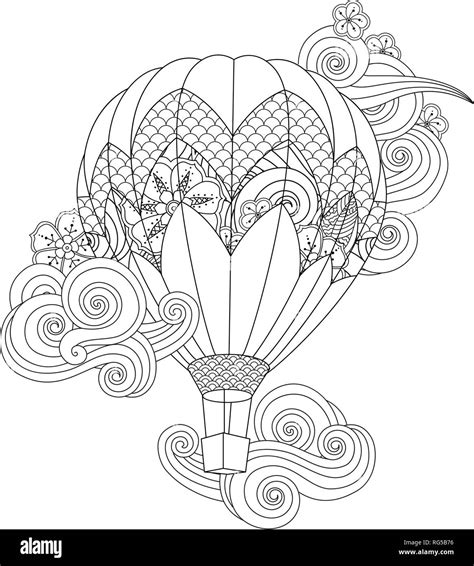hot air balloon in zentangle inspired doodle style isolated on white. Coloring book page for