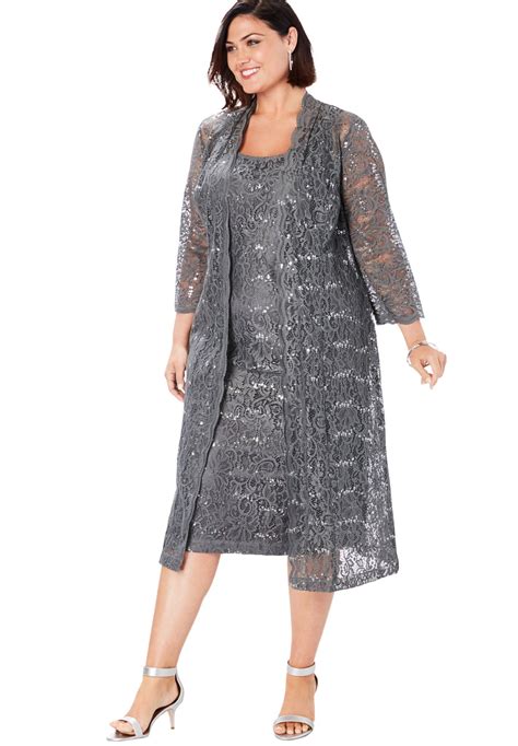 Roamans Roamans Womens Plus Size Lace And Sequin Jacket Dress Set