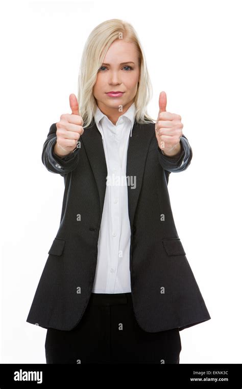 Serious Blonde Businesswoman Thumbs Up With Both Hands Stock Photo Alamy