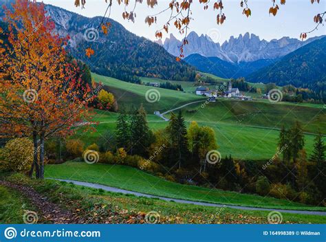 Autumn Daybreak Santa Magdalena Famous Italy Dolomites Village View In