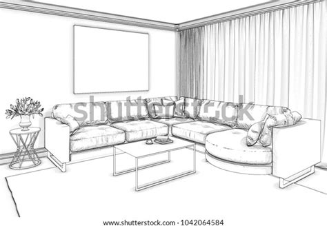 3d Illustration Sketch Modern Living Room Stock Illustration 1042064584