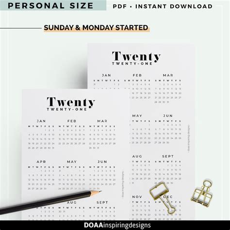 2021 Personal Size Year At A Glance 2021 Yearly Calendar Etsy