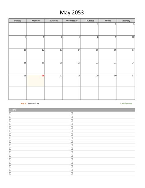 May 2053 Calendar With To Do List