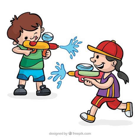 Feliz Crianças Tocando Com Injetores água Vetor Grátis