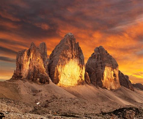 Evening View Of Drei Zinnen Or Tre Cime Di Lavaredo Stock Image Image