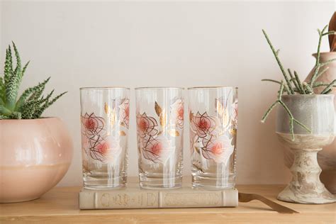 3 Vintage Glasses With Pink And Gold Floral Pattern Ornate Rose Flower Cocktail Glasses