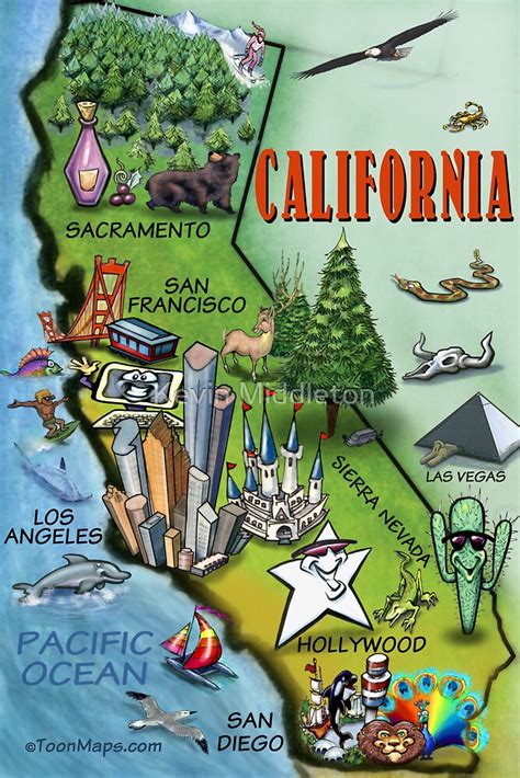 This map shows many of california's important cities and most important roads. "California Cartoon Map" by Kevin Middleton | Redbubble