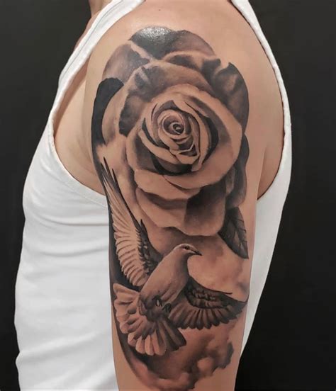 Rose And Dove Realism Tattoo With Cloud Background Blakc And Grey Hon