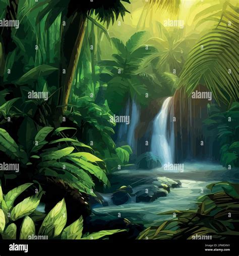Waterfall Jungle Landscape Vector Illustration Tropical Natural