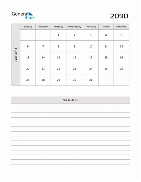 August 2090 Monthly Calendar Pdf Word Excel