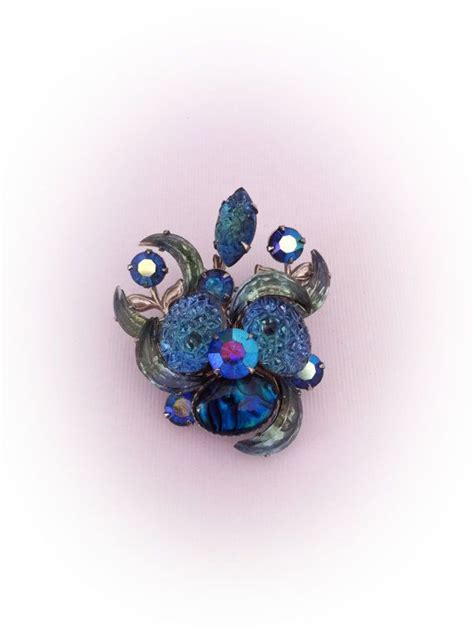 Vintage 1950s Brooch Blue Aurora Borealis Rhinestone Etsy Vintage