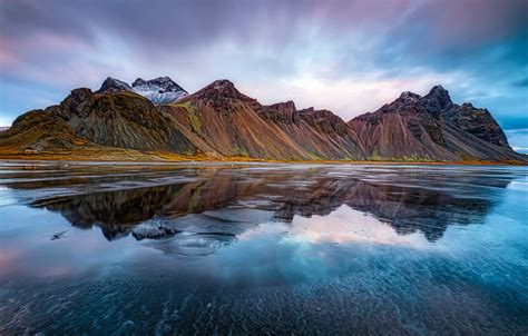 Обои море горы отражение Исландия Iceland Stokksnes Стокснес