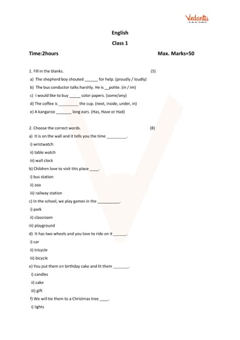 Cbse Sample Papers For Class 1 English With Solutions Mock Paper 2
