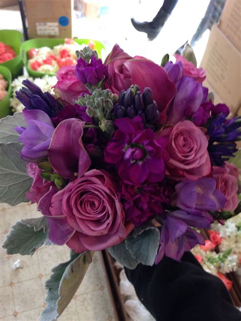 purple roses, purple stock, dusty miller, purple hyacinth, purple freesia, purple mini calla 