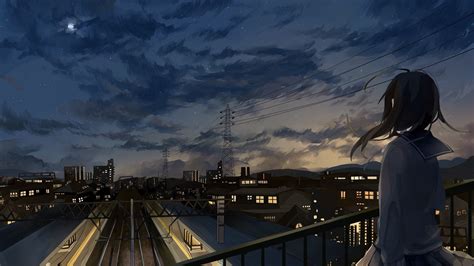 2048x1152 Anime Girl In School Uniform Watching City Sky
