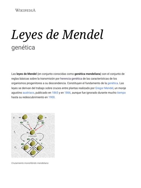Leyes De Mendel Wikipedia La Enciclopedia Libre Pdf Dominancia