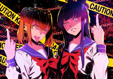 Download Two Anime Girls Standing In Front Of Caution Tape Wallpaper