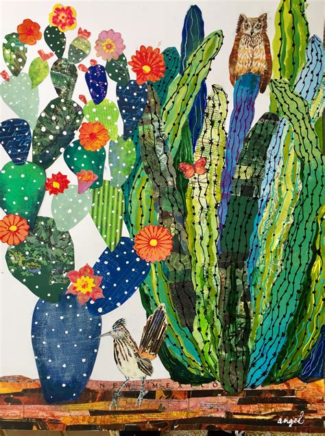 Mixed Media Cactus Original Art Showing A Desert Happy Hour Colorful