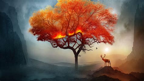 Tree Art Fire Fantastic Wallpaper Background Full Hd 1920x1080 In