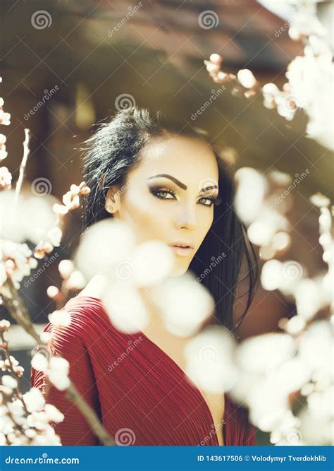 Woman With Blooming Apricot Stock Photo Image Of Sensual Outdoor