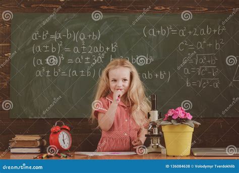 Little Girl Think Of Mathematical Problem In Classroom Schoolchild