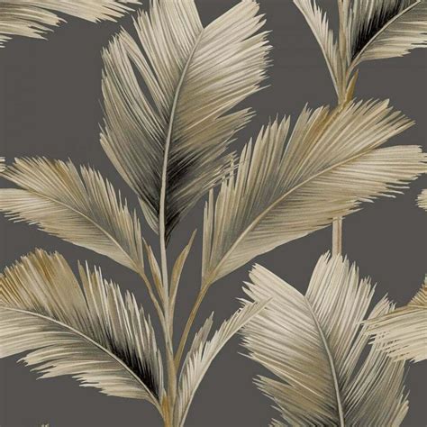 A Gray And Gold Wallpaper With Palm Leaves