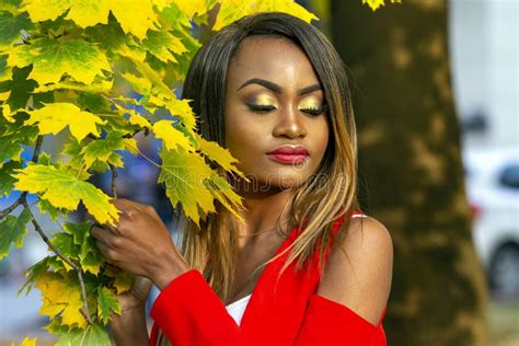 Portrait Of Beautiful Young African Girl On Autumn Leaves Background