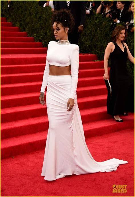 Rihanna White Dress 2016 Met Gala Red Carpet Beaded High Neck Long