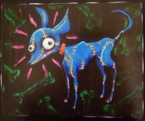 A Painting Of A Blue Dog With Big Eyes On Its Face And Tail