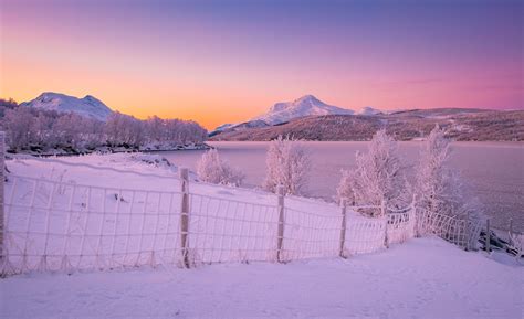 Mountains Winter Norway Lake Snow Fence Nature Wallpapers Hd
