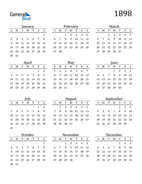 1898 Calendar Pdf Word Excel