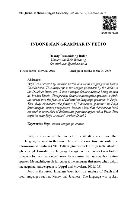 Pdf Indonesian Grammar In Petjo Deanty R Bulan