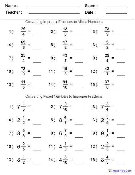 Math fractions worksheets from math aids com fractions worksheets , source: Improper Fractions to Mixed Numbers Worksheets ...