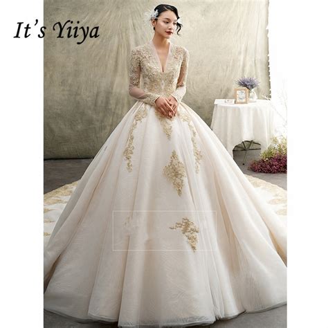 Its Yiiya Wedding Dress Long Sleeve V Neck Gold Lace Wedding Gowns