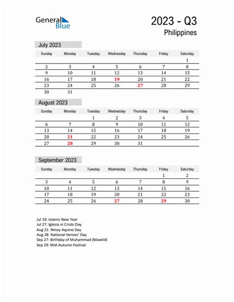 Philippines Quarter 3 2023 Calendar With Holidays