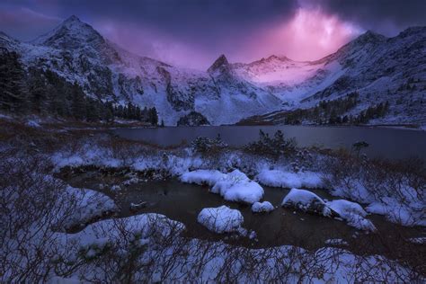 Landscape Nature Mountains Lake Sunset Winter Snow Frost